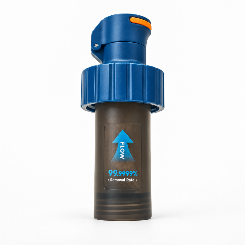 RidgeSong DualFlow water filter in Lake Blue, one complete filter showing cap, ribbed collar and cartridge