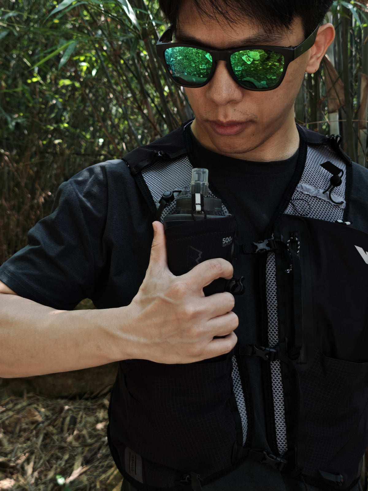 Soft flask carried in a running vest pocket